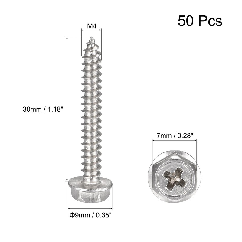 sourcing map Phillips Hex Washer Self Tapping Screws, M4 x