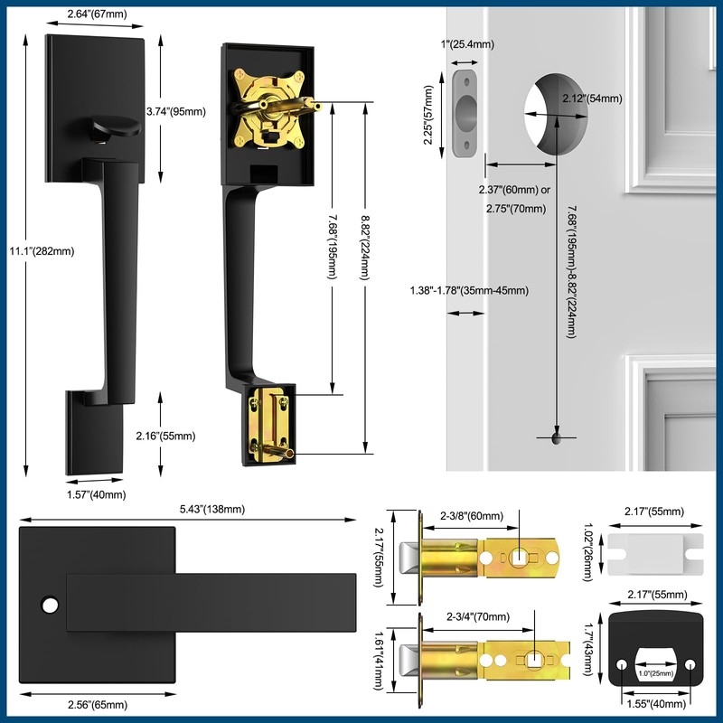 AEEKEL Black Front Door Handle No Lock, Exterior Entry Door
