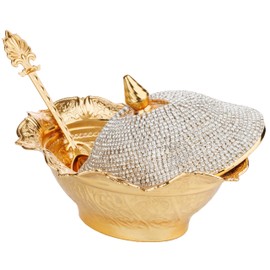 DEMMEX - XMas 2024 - Crystal Coated Fancy Sugar Candy Chocolate Turkish Delight Bowl Serving Dish with Lid and Spoon, 6x4 Inches, 10 Ounces Capacity, Handmade, Gold