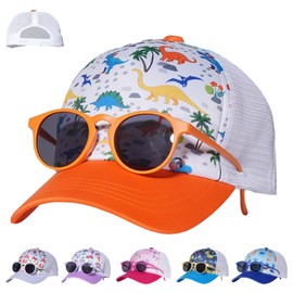 LUKIUP 2 Pieces Baseball Cap Sunglasses Set for Boys Girls Adjustable Cap Kids Baseball Cap for Children Boys Girls Gifts Cartoon Pattern, Dinosaurs