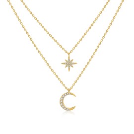 SILBERTALE 925 Sterling Silver Necklace Moon Star Pendant Necklace Gold Silver Layered Necklace for Women