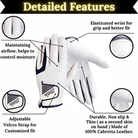 Pack of 3 Cabretta Leather Men Golf Gloves – for All Weather Conditions – Soft Feel Grip & Comfortable - Left Right Handed Golfer - for beginners & Professionals (L, White, Right hand)
