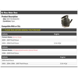 Air Mass Meter Hose - Compatible with 2003-2009 Ford Focus 2.3L 4-Cylinder (with Sensor Hose)