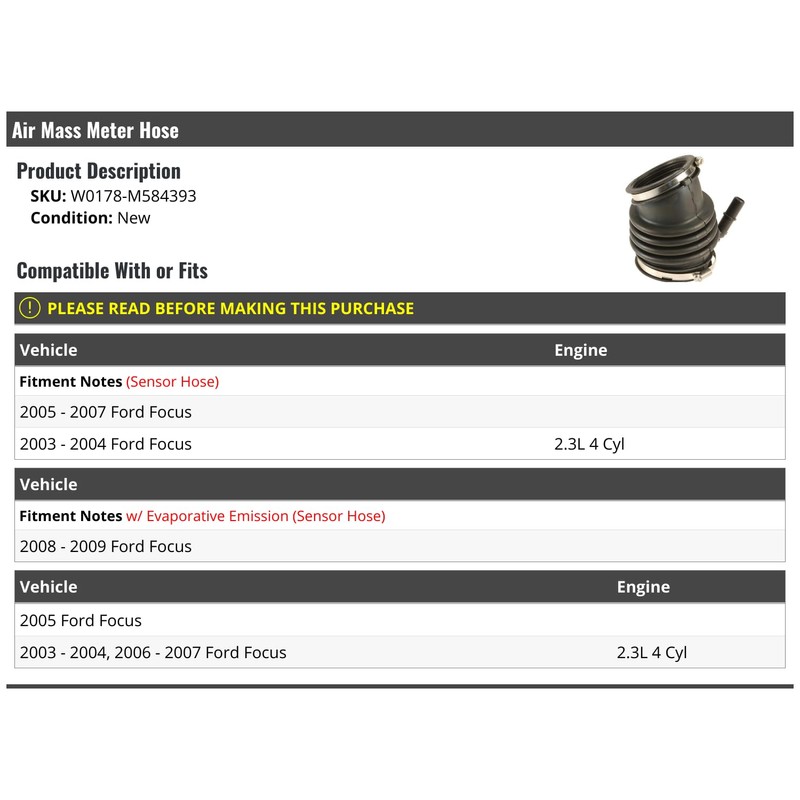 Air Mass Meter Hose - Compatible with 2003-2009 Ford Focus