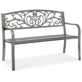Best Choice Products Outdoor Bench Steel Garden Patio Porch Furniture for Lawn, Park, Deck w/Floral Design Backrest, Slatted Seat - Gray