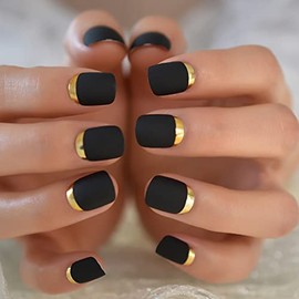 iMABC Matte Black Full Cover Short Round Press On Nails Gold Metallic Line Designed Plastic Frosted Cute Fake False Nails Set 24pcs Stick on Tips Manicure