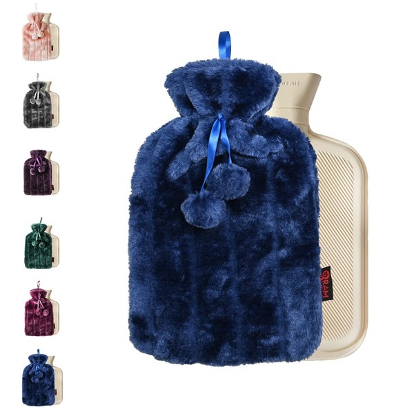 Ram® Hot Water Bottle with Faux Fur Cover and Pom Poms Navy Blue 2 Litre