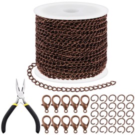 Tanstic 102Pcs 30 Feet Jewelry Making Chains Necklace Chains Bulk Cable Link Chain with 50Pcs Jump Rings, 50Pcs Lobster Clasps, Pliers for Bracelet Necklace Making(Copper)