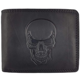 Hill Burry ® Leather Wallet for Men in Brown with RFID Protection with Coin Compartment (Shopping Chip) and Embossed Skull Genuine Leather Wallet (Landscape Format, Black), black, Classic