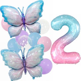 Kiwochy Gradient Pink Schmetterling Ballons 2. Geburtstag Dekoration Mädchen Deko 2 Jahre Schmetterling Geburtstag Party Set Riesige Bunte Schmetterling Folie Ballon für Schmetterling Party Supplies