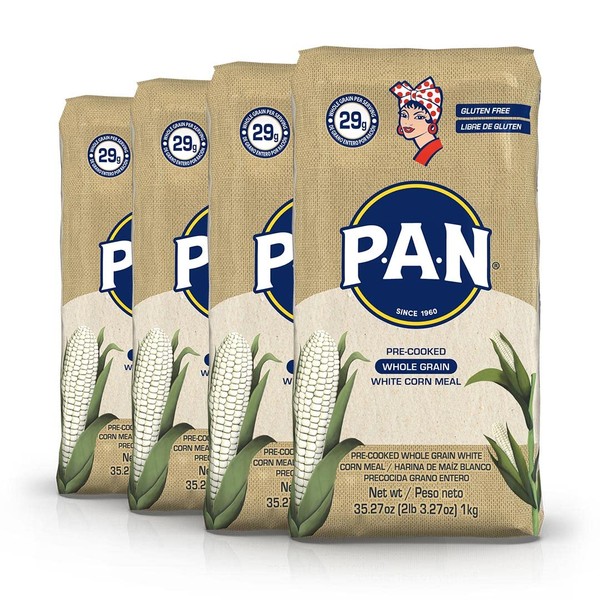 P.A.N. Whole Grain White Corn Meal – Pre-cooked Gluten Free and Kosher Flour for Arepas (2.2 lb / Pack of 4)