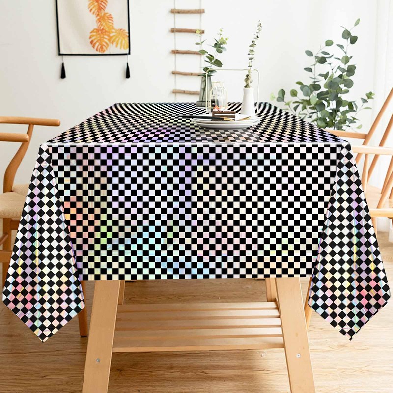 FALIZIFU 1 Pack Black and Iridescent Checkered Tablecloth Shiny Disposable