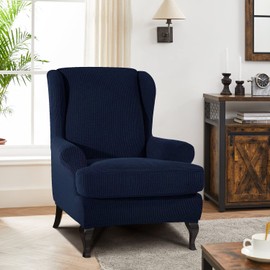 ENOVA FLORAL 2 Piece Wingback Sofa Chair Covers, Wingback Armchair Slipcovers, Sofa Covers Spandex Fabric Stretch Wing Chair Furniture Protector for Living Room (Dark Blue)