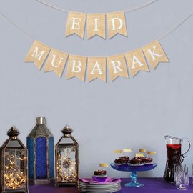 Eowppue Eid Mubarak Decoration Flag - Burlap Ramadan Mubarak Banner, Reusable Eid Party Decoration Banner, Umrah Mubarak Decoration