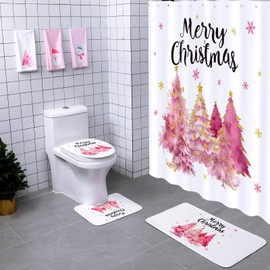 Newwiee 7 Pcs Shower Curtain Set Themed Bathroom Decor Shower Curtain and Mats Towels Toilet Mat Waterproof Watercolor Bath Curtain Accessories (Cute Style)