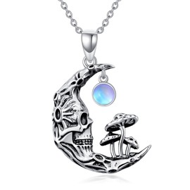 SLIACETE Synthetic Moonstone Skull Necklace 925 Sterling Silver Mushroom Moon Gothic Jewelry Gifts for Women Wife Mom Girlfriend
