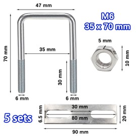 duoyif U-Bolts Square M6 Pack of 5 Inner Diameter 35 mm, U-Bolt U Bolt Stainless Steel with Nut Frame Plate, U Screws for Pipe Mounting (M6 35 mm x 70 mm)