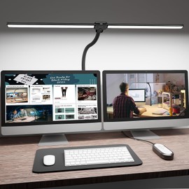 ShineTech LED Desk Lamp for Home Office, 5000K Bright Double Head Architect Task Lamps with Clamp, Dimmable Adjustable Flexible Gooseneck, Black