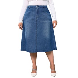 Milumia Women's Plus Size Jean Midi Skirt High Waisted A Line Denim Skirts Casual Blue
