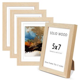 5x7 Set of 4 Solid Wood Picture Frame, Natural Wood Photo Frame with Double mats, Display 4x6 or 3.5x5 with paper mat, 5 by 7 without mat, Oak wood grain Picture Frame with HD Real Glass