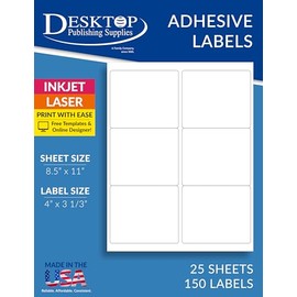 White Removable Labels - Shipping Label Size 4" x 3 1/3" - 6 per Sheet - for Inkjet/Laser Printers - 25 Sheets / 150 Labels