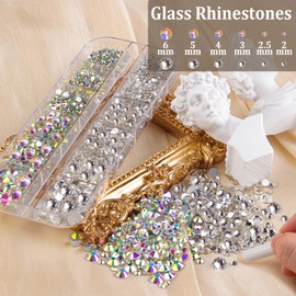 2850pcs Face Gems Kits for Makeup with Glue, Round Glass Crystal AB & Clear Gems, White & Beige Pearls & 4 Colors Cosmetic Chunky Glitter with Dotting Tools, Eye Jewels for Body Make-up, Nail Art
