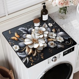 Washing Machine Cover for Top 23.6”x 19.7" Pad for Top of Washer or Dryer Protector Washing Machine Dust Cover Pad Non Slip Waterproof Washable (White Flower, 23.6”x 19.7")