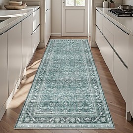 OPPODREAM OPPODREAM Vintage Teal 3x6 Runner Rug, 3 x 6 Retro Washable Rug Non Slip, Low-Pile Faux Wool Carpet, Soft Distressed Floor Mat for Kitchen, Hallway, Entry-Way, Entrance, Indoor Back Door