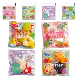 AXYEEUR 100 PCS Easter Candy Bags,Easter Bunny Self Adhesive Cookie Bags,4 Styles Clear Cellophane Treat Bag for Party Favors Supplies
