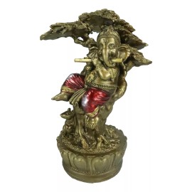 Vastu Hindu God Ganesha Ganapati Playing Flute On Tree Of Life By Mouse Figurine