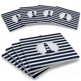 MIJOMA Set of 4 Maritime Wooden Coasters - Non-Slip, Stylish Drinks Coasters in Striped Design with Anchor or Lighthouse Motif, 9 x 9 cm (Lighthouse Motif)