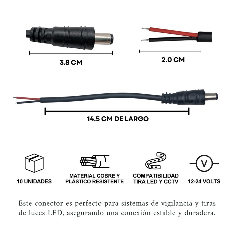 10 Conectores Adaptador Macho Cable para Cámaras de Seguridad e