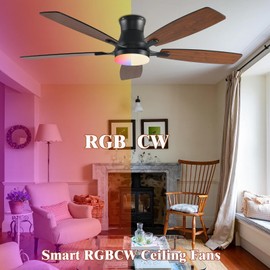 FUMLTP Ceiling fans with Lights, 54 In RGB Low Profile Indoor Ceiling fan with Light and Remote/App Control, Dimmable, Flush Mount, DC Reversible Motor, Noiseless Modern Ceiling Fan For Bedroom（Brown）