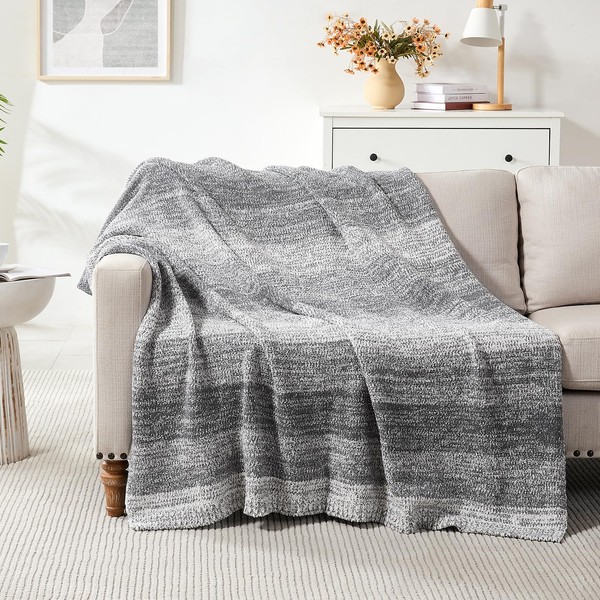 Cozzenity Throw Blanket, Grey Gradient Soft Cozy Fluffy Knitted Throw