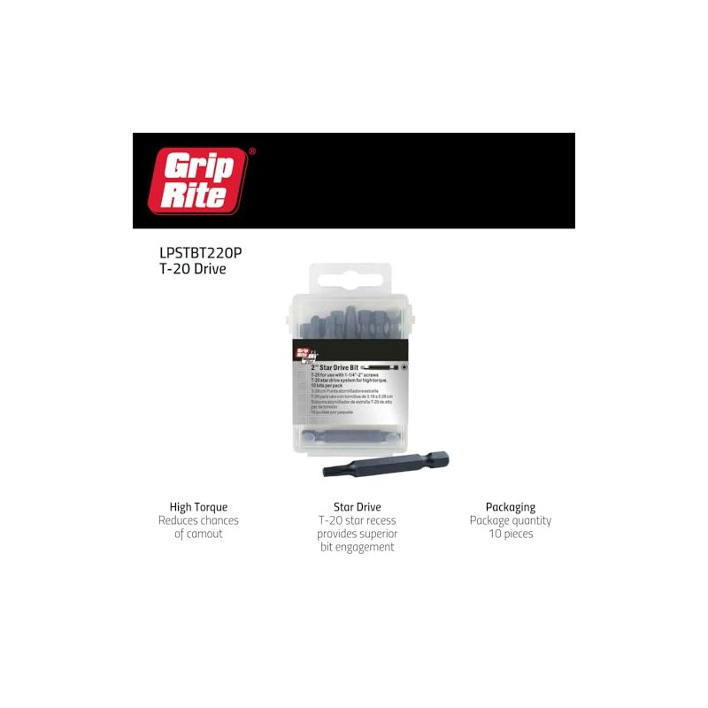 Grip-Rite LPSTBT220P, PrimeGuard Plus 2" T20 Bit, 10 Pack