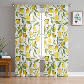 AMZRicher Lemon Sheer Curtains 63 Inch Length 2 Panels Set, Summer Garden Fruit Lemon Slice and Leaves Semi Transparent Voile Rod Pocket Curtains for Living Dining Room Bedroom Drapes