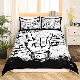 Homewish Rock Music Bed Set Musical Theme Duvet Cover, Music Notes Print Bedding Set Single Black and White Comforter Cover, Grunge Vintage Retro Bed Cover Rock Popstar Musician Bedroom Decor