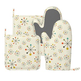 Vintage Mid Century Oven Mitts and Pot Holders Set of 4 Silicone Heat Resistant Oven Mitten Potholders Non Slip Gloves Kitchen Decor for BBQ Cooking Grilling Baking
