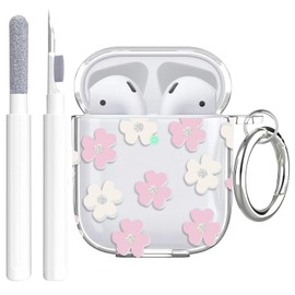 Aircawin Clear Case for Airpods Case Clear,Cute Floral Clear Case for Airpod 1/2 Case,Shockproof Soft TPU Accessories Case with Keychain and Cleaning Pen for AirPods Case 2 & 1 for Women Girls-Pink