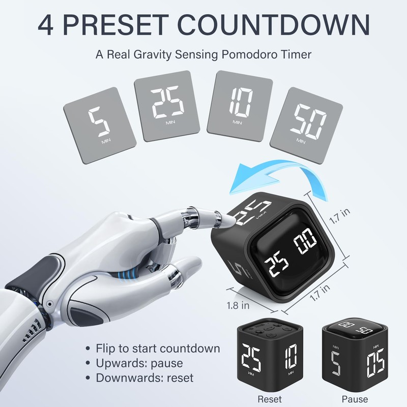 Rotating Pomodoro Timer 5, 25, 10 50 Minutes Preset, Desk