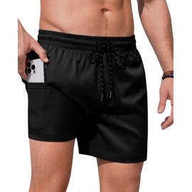 Gleeease Mens Swim Trunks with Compression Lined Short Bathing Suits for Men Phone Pocket 5 Inch Liner Men's Swimming Trunk Solid Black