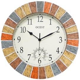 OCEST 13 Inch Indoor Outdoor Clock Waterproof with Thermometer, Weather-Resistant Non-Ticking Battery Operated Decor Clock for Patio, Pool, Lanai, Fence, Porch, Garden (Yellow)