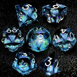 HAOMEJA Liquid Core Resin DND Dice Set 7Pcs with Bag Sharp Edge Polyhedral Dice, Apply to D&D Dungeons & Dragons Role-Playing Games D20, D12, D10, D8, D6, D4 Games Gift (Black Blue)