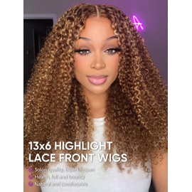 NOELLA Highlight Ombre Lace Front Wigs Human Hair 13x6 Honey Blonde Water Wave Curly Highlighted Wig Human Hair 22 Inch 210% Density Wet and Wavy HD Lace Frontal Glueless Wig For Black Women
