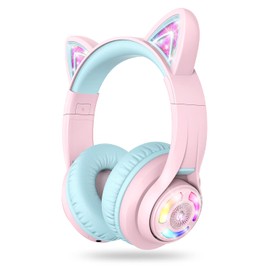 iClever Cat Ear Kids Bluetooth Headphones, LED Lights Up, 74/85dBA Safe Volume Limited, 50H Playtime,Bluetooth 5.2, USB C, Kids Headphones Wireless for Travel iPad Tablet, Meow Macaron Pink