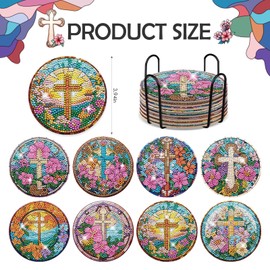 INCOK Cross Diamond Art Coasters - 8 Pcs DIY Christian Colorful Glass Diamond Painting Coasters Kits Religions Flower Art Craft Supplies Home Table Decor Inspirational Easter Gift for Beginners Adults