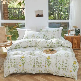 Joyreap 3pcs Botanical Comforter Set Twin, Flowers n Leaves Print on Green Tint, Smooth Soft Microfiber Bedding Comforter Set for All Season, 1 Comforter n 2 Pillow Shams, 68x88 inches