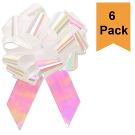 Large White Iridescent Gift Wrap Pull Bows - 5" Wide, White Iridescent Ribbon Big Pull Flower Bows for X-mas Gifts and Presents, Set of 6