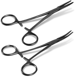 BBTO Hemostat Curved and Straight Hemostat Forceps Piercing Pliers Forceps, Stainless Steel Straight and Curved Pliers, Fishing Tweezer(Black,2 Pcs)