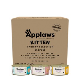 Applaws Natural Wet Cat Food in Broth, Limited Ingredient Canned Wet Cat Food, No Additives, Made with Natural Ingredients, Kitten Variety in Broth Cans (16 x 2.47oz Cans)